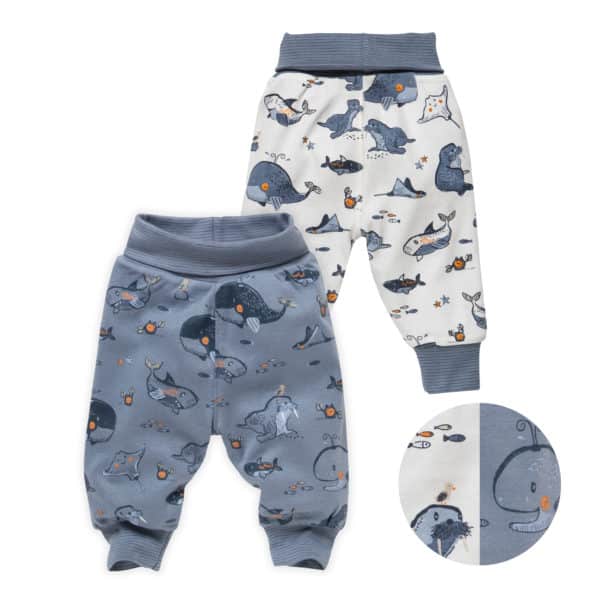 Pololo People Wear Organic Wendehose ozeanblau und weiß mit Tieren aus dem Meer , aus Bio-Baumwolle Meist gekauft