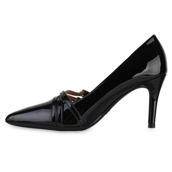 Stiefelparadies Damen Spitze Pumps in Schwarz Lack Lagerräumung