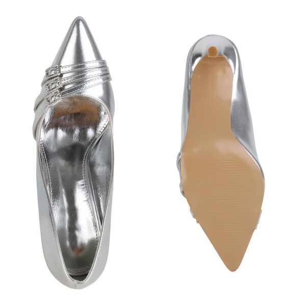 Stiefelparadies Damen Spitze Pumps in Silber Heißer Verkauf