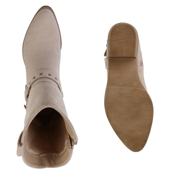 Stiefelparadies Damen Cowboy Boots in Beige Velours Neueste Mode