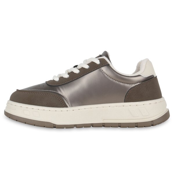 Stiefelparadies Damen Sneaker Low in Grau Metallic Begrenzt auf 3 Tage