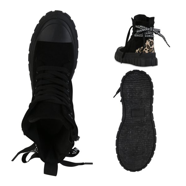 Stiefelparadies Damen Plateau Sneaker in Schwarz Leo Auslauf