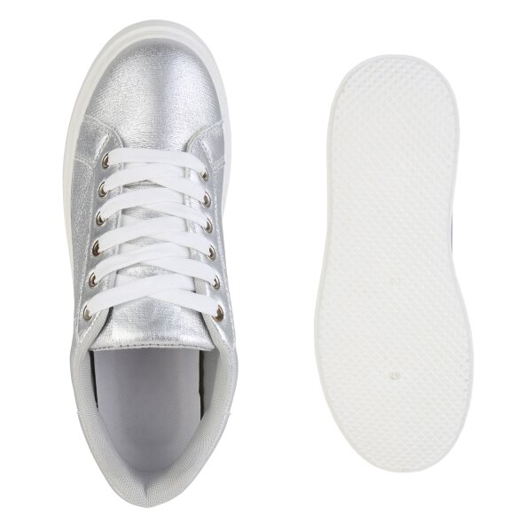 Stiefelparadies Damen Plateau Sneaker in Silber Riesige Ersparnisse