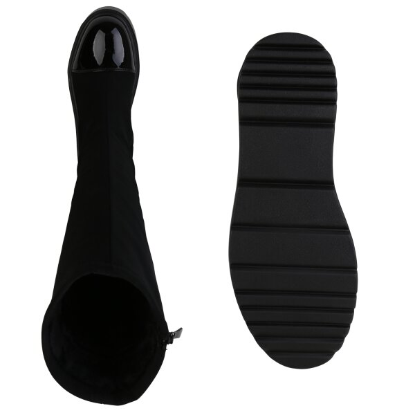 Stiefelparadies Damen Keilstiefel in Schwarz Lack Kostenloser Versand international