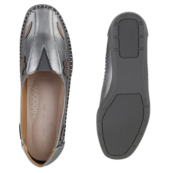 Stiefelparadies Damen Slip Ons in Grau Metallic Fabrik Onlineshop