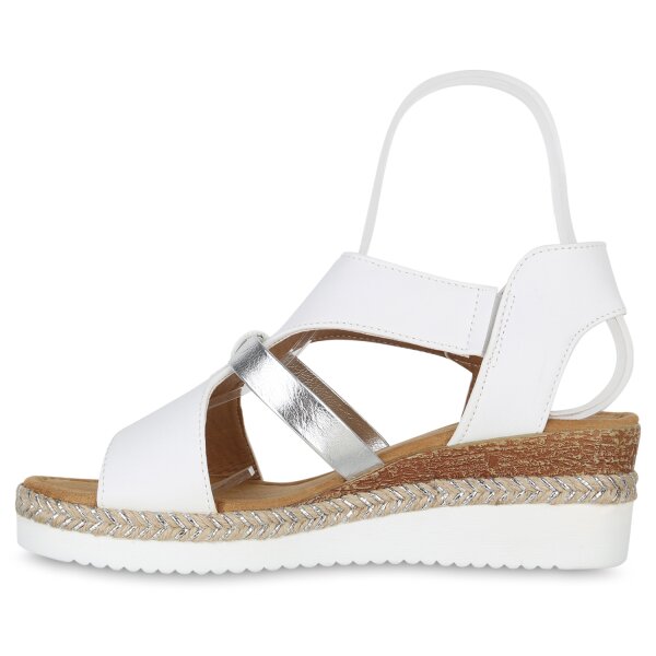 Stiefelparadies Damen Keilsandaletten in Weiss Silber Metallic Kauf eins, bekomm eins gratis