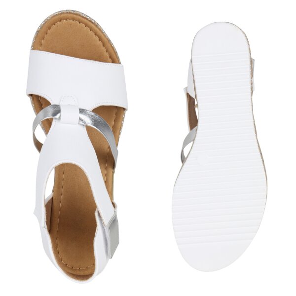 Stiefelparadies Damen Keilsandaletten in Weiss Silber Metallic Kauf eins, bekomm eins gratis
