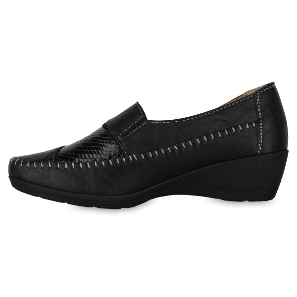 Stiefelparadies Damen Keilslippers in Schwarz Lack Sonderangebote