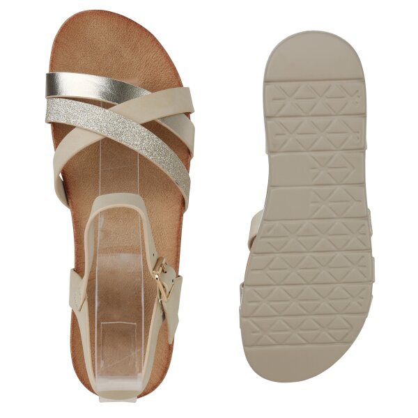 Stiefelparadies Damen Komfort Sandalen in Beige Metallic Letzter Tag