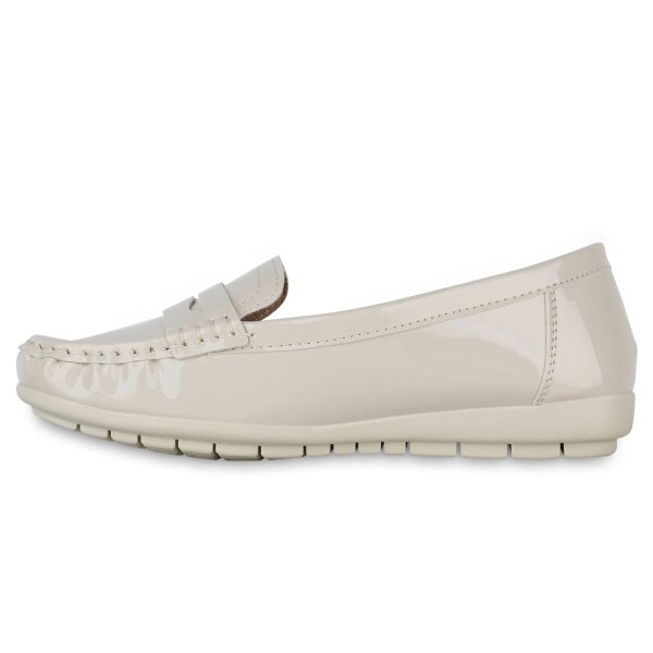 Stiefelparadies Damen Mokassins in Beige Lack Kostenloser Versand international