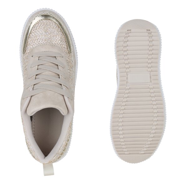 Stiefelparadies Damen Plateau Sneaker in Beige Metallic Lagerräumung