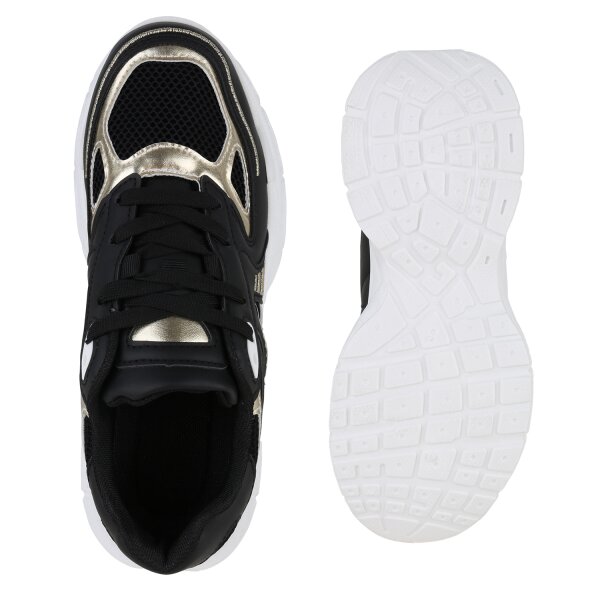 Stiefelparadies Damen Plateau Sneaker in Schwarz Gold Metallic Große Rabatte