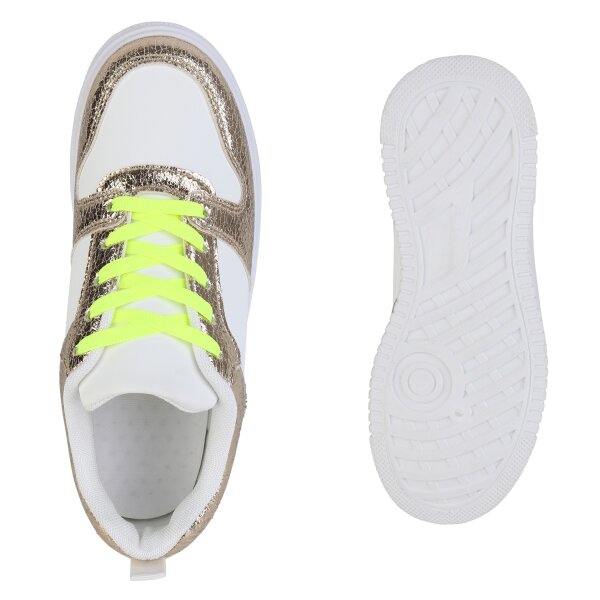 Stiefelparadies Damen Plateau Sneaker in Weiss Gold Snake Bestseller