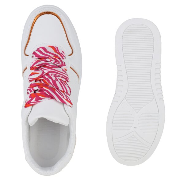 Stiefelparadies Damen Plateau Sneaker in Weiss Orange Metallic Saisonale Angebote
