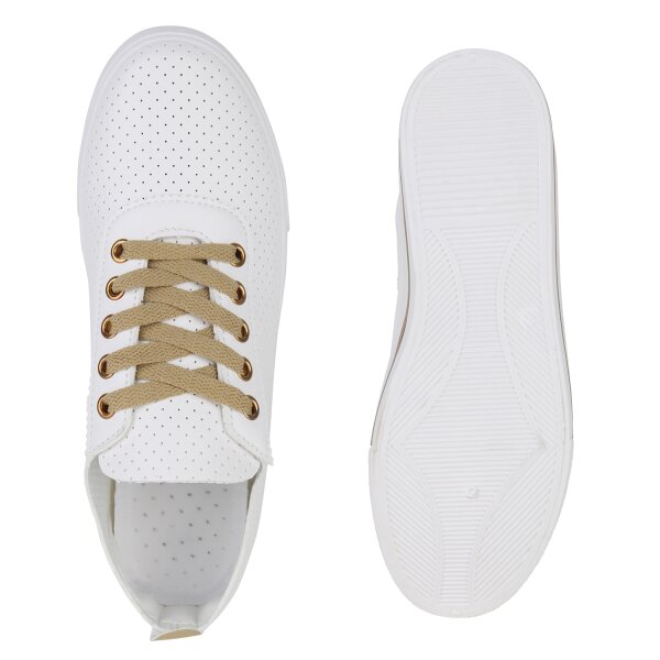 Stiefelparadies Damen Sneaker Low in Weiss Gold Fabrikverkauf