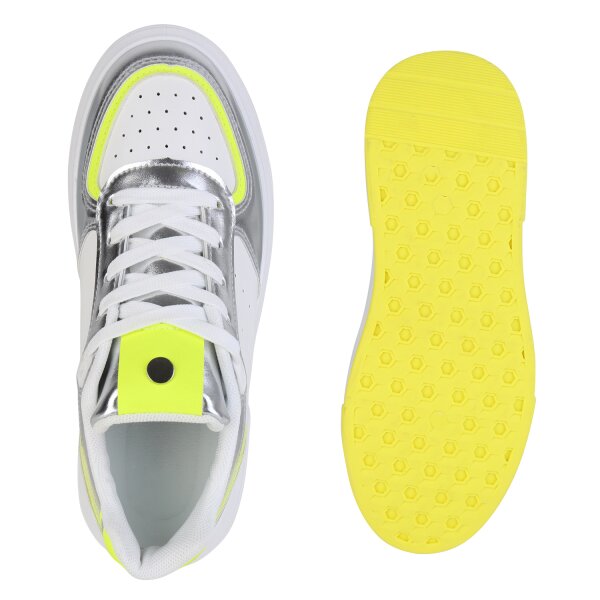 Stiefelparadies Damen Sneaker Low in Weiss Silber Metallic Meist gekauft