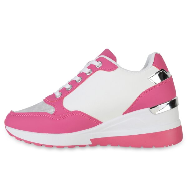Stiefelparadies Damen Sneaker Wedges in Fuchsia Silber Metallic Kostenloser Versand