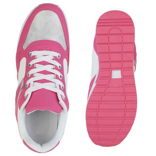 Stiefelparadies Damen Sneaker Wedges in Fuchsia Silber Metallic Kostenloser Versand