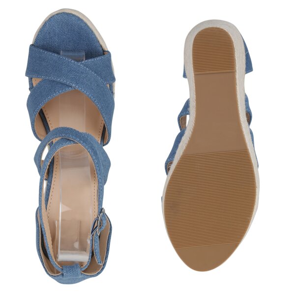 Stiefelparadies Damen Plateau Sandaletten in Blau Denim Heißer Verkauf