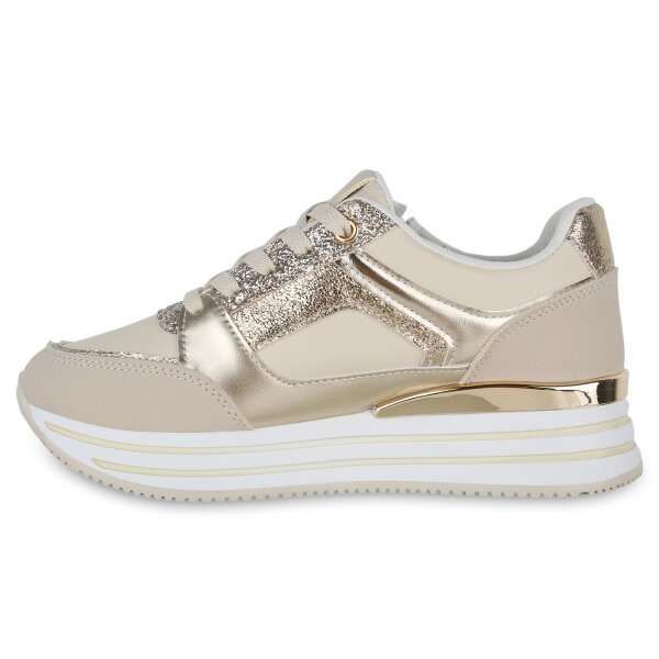 Stiefelparadies Damen Plateau Sneaker in Beige Gold Metallic Blitzangebot