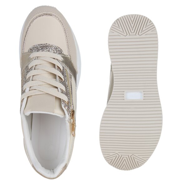 Stiefelparadies Damen Plateau Sneaker in Beige Gold Metallic Blitzangebot