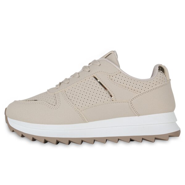 Stiefelparadies Damen Plateau Sneaker in Beige Gold Metallic Große Rabatte