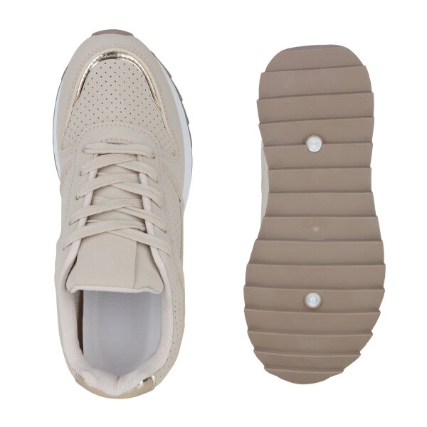 Stiefelparadies Damen Plateau Sneaker in Beige Gold Metallic Große Rabatte