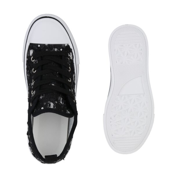 Stiefelparadies Damen Plateau Sneaker in Schwarz Denim Riesige Ersparnisse