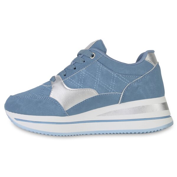 Stiefelparadies Damen Sneaker Wedges in Blau Silber Metallic Angebote