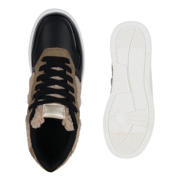 Stiefelparadies Damen Plateau Sneaker in Schwarz Beige Gold Metallic Online Shopping