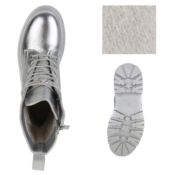 Stiefelparadies Damen Plateau Boots in Silber Neueste Mode