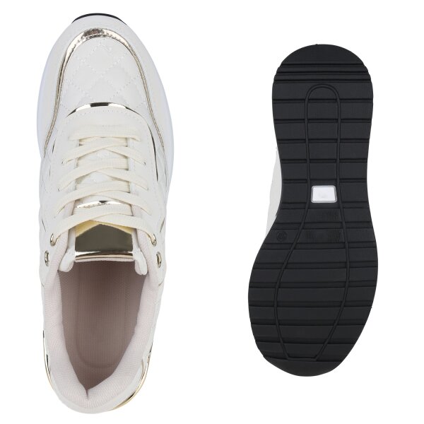 Stiefelparadies Damen Sneaker Wedges in Creme Gold Metallic Exklusive Angebote