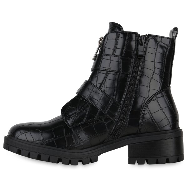 Stiefelparadies Damen Biker Boots in Schwarz Kroko Tiefpreis