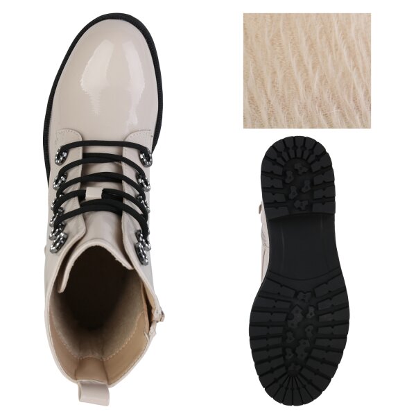 Stiefelparadies Damen Schnürstiefeletten in Beige Lack Schlussverkauf