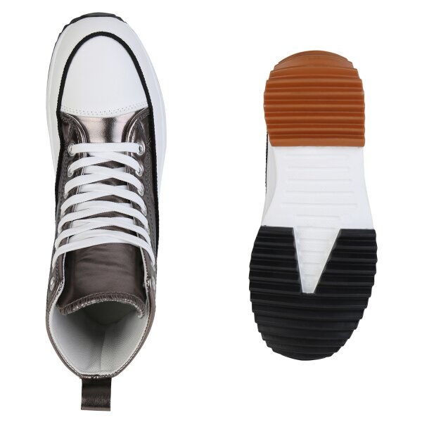 Stiefelparadies Damen Plateau Sneaker in Grau Metallic Exklusivangebot