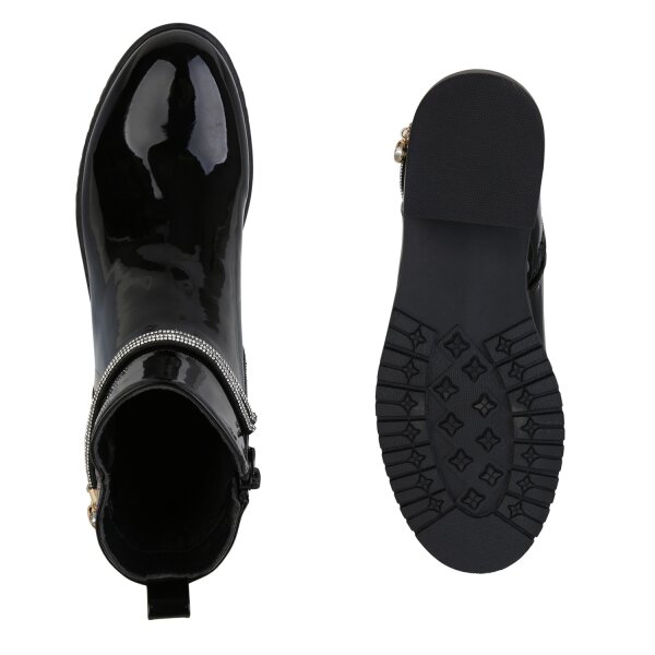 Stiefelparadies Damen Klassische Stiefeletten in Schwarz PU Lack Saisonale Angebote