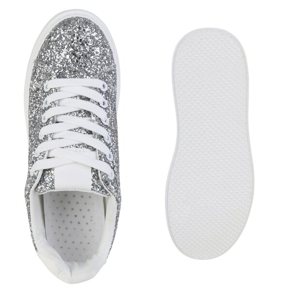 Stiefelparadies Damen Plateau Sneaker in Silber Kauf eins, bekomm eins gratis
