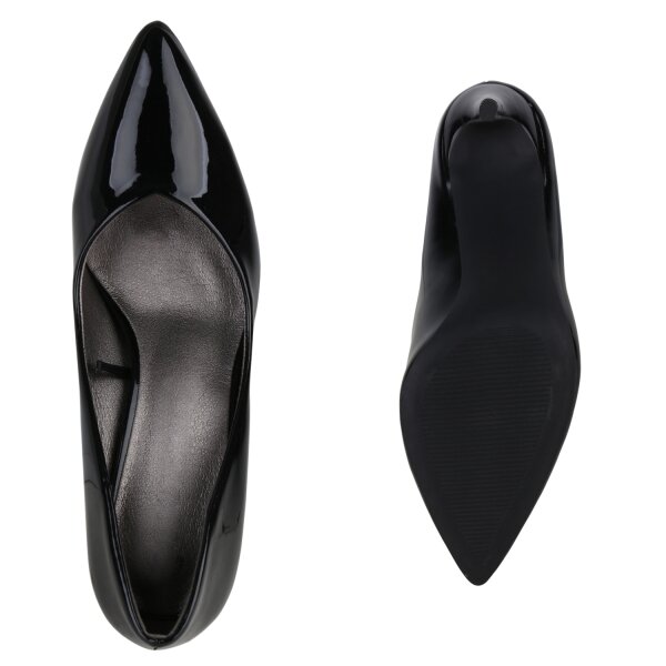 Stiefelparadies Damen Spitze Pumps in Schwarz Lack Nur für heute