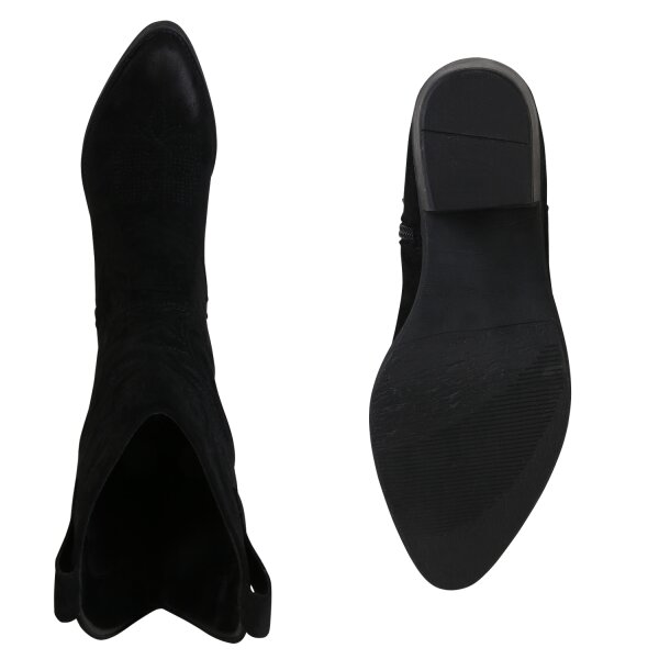 Stiefelparadies Damen Cowboystiefel in Schwarz Velours Auslauf