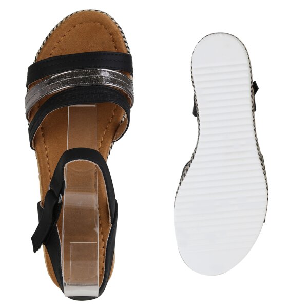 Stiefelparadies Damen Keilsandaletten in Schwarz Grau Metallic Lagerräumung