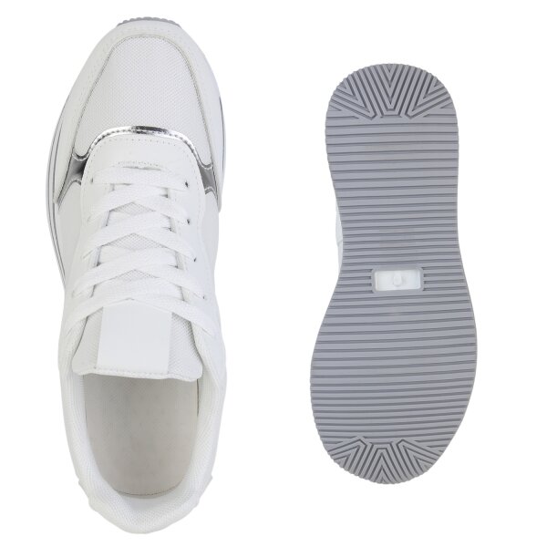 Stiefelparadies Damen Plateau Sneaker in Weiss Silber Metallic Letzte 3 Tage