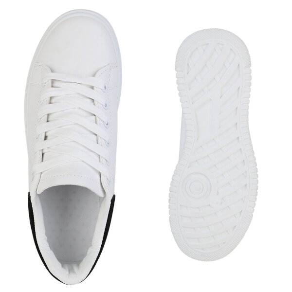 Stiefelparadies Damen Plateau Sneaker in Weiss Schwarz Sonderangebot der Fabrik