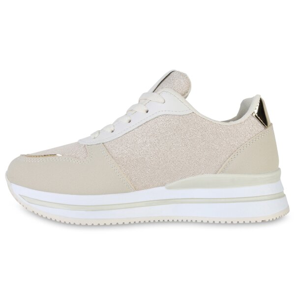 Stiefelparadies Damen Plateau Sneaker in Beige Gold Metallic Kostenloser Versand international