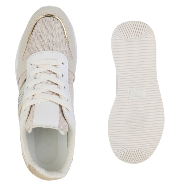 Stiefelparadies Damen Plateau Sneaker in Beige Gold Metallic Kostenloser Versand international