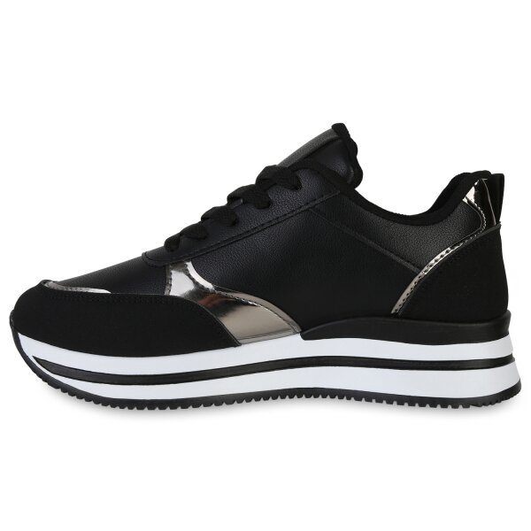 Stiefelparadies Damen Plateau Sneaker in Schwarz Silber Metallic Fabrikladen
