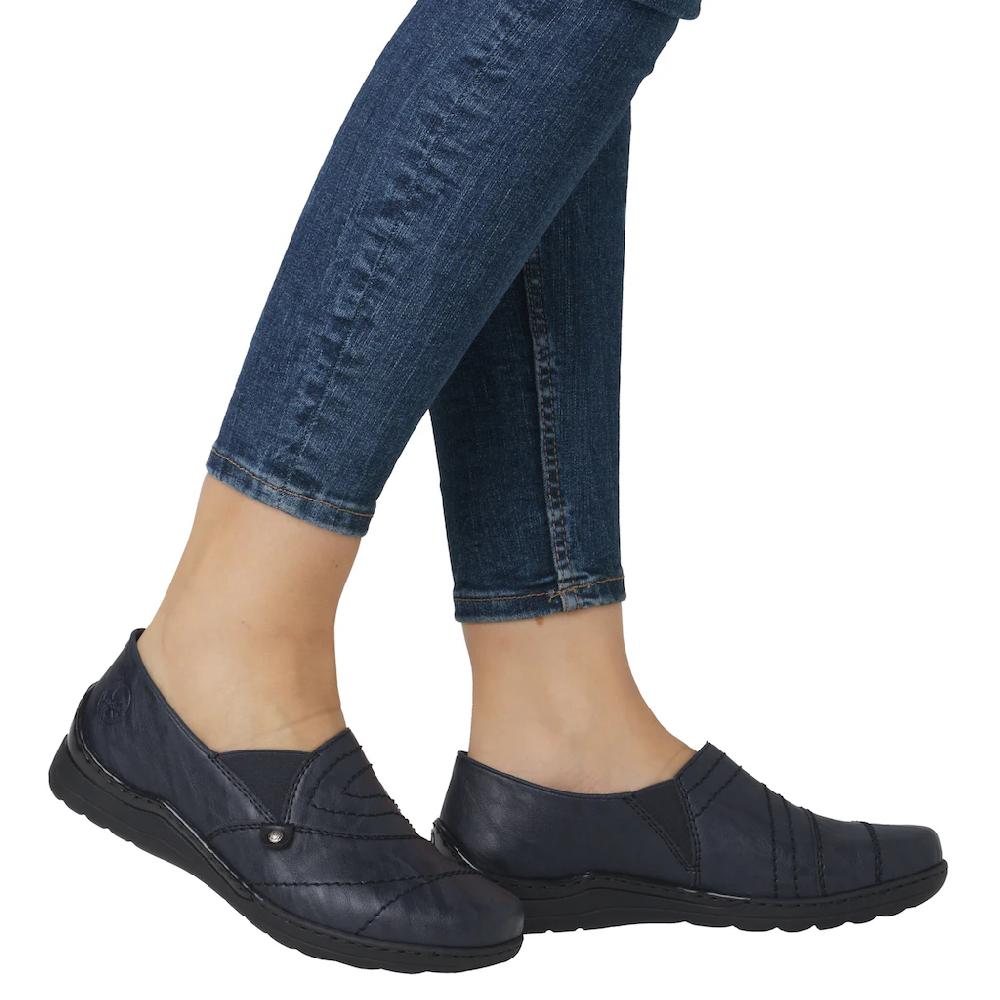 Rieker Slipper Schlupfschuh Halbschuh Slip on mit Stretcheinsatz und Ziersteppung kaufen Flash Sale