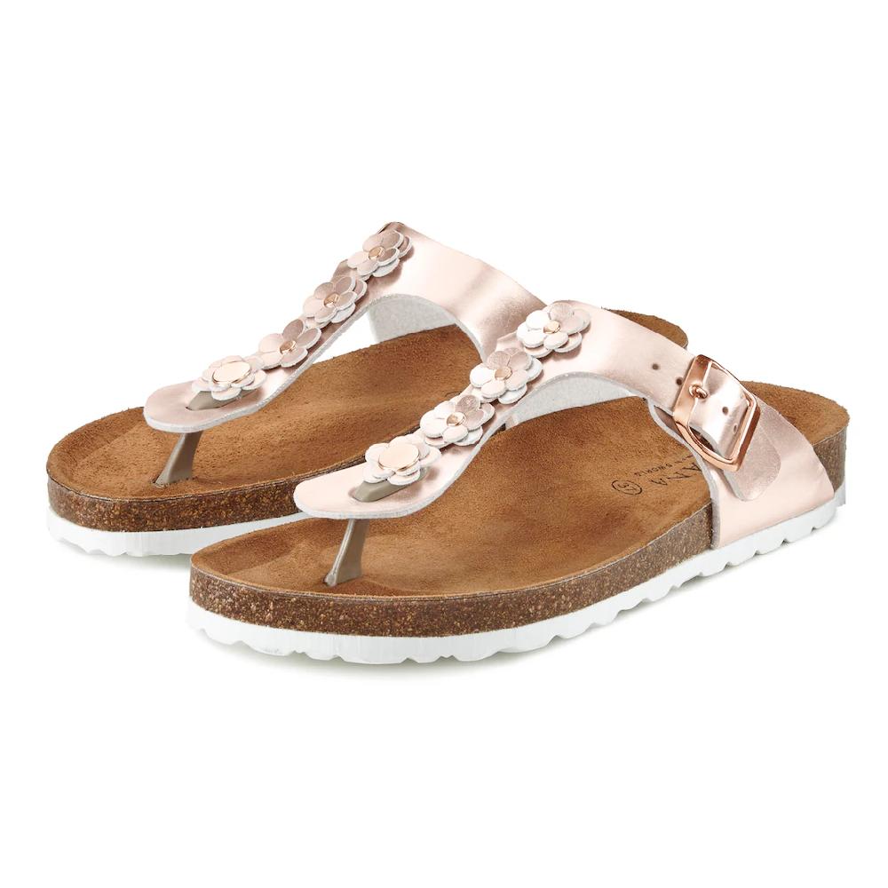LASCANA Zehentrenner Sandale Pantolette mit modischer Applikation und Korkfußbett ▷ für Begrenzt auf 3 Tage