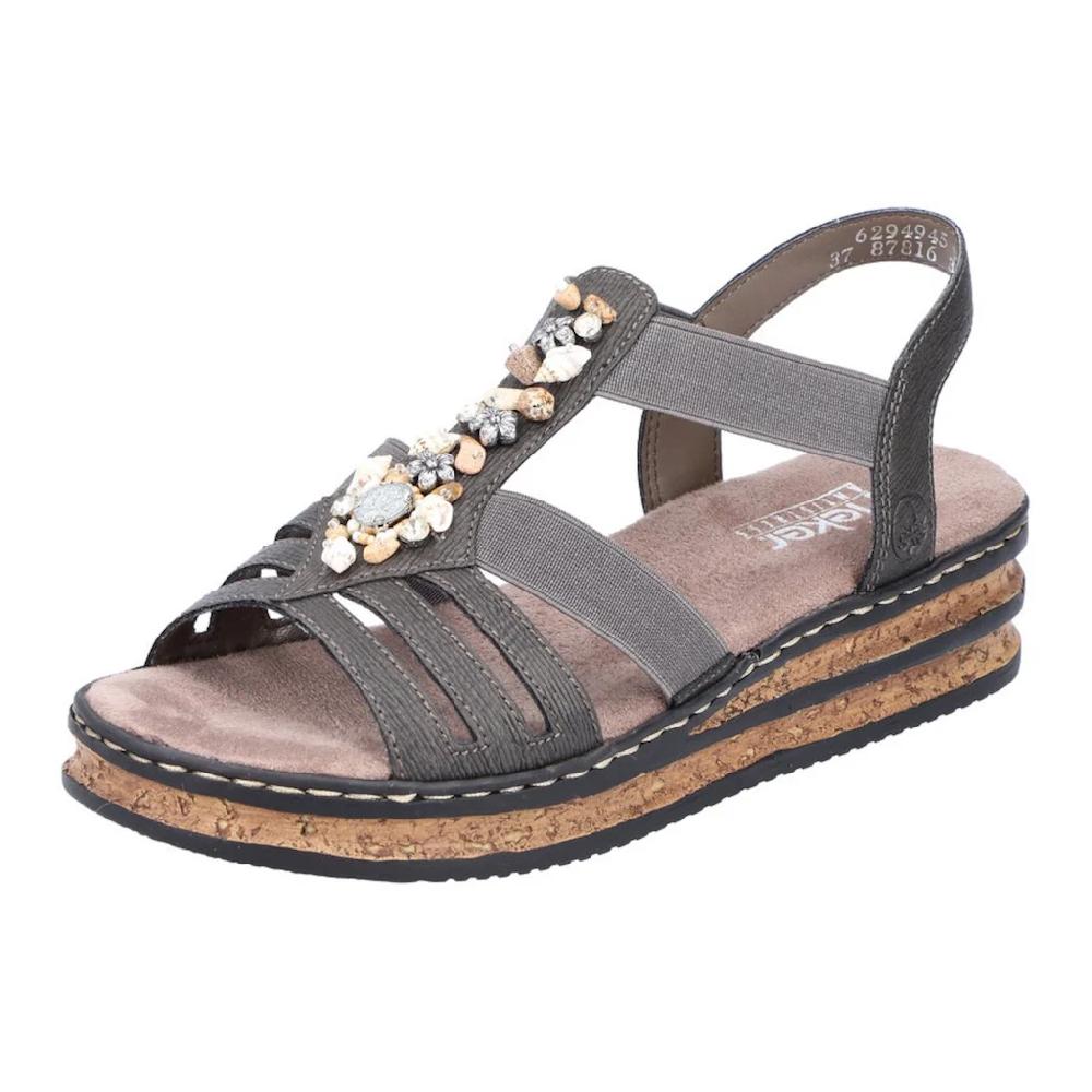 Rieker Riemchensandale Sommerschuh Sandalette Keilabsatz mit Schmucksteinen besetzt ▷ für Clearance-Verkauf